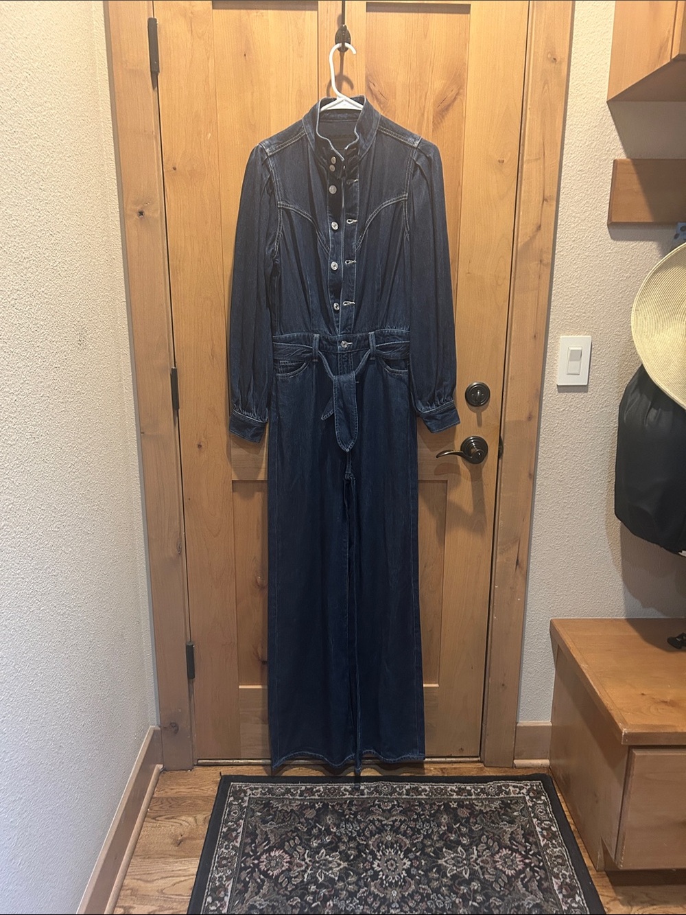 7 For All Mankind Indigo Denim Long-Sleeve Wide-Leg Jumpsuit with Tie Waist - Picture 8 of 8